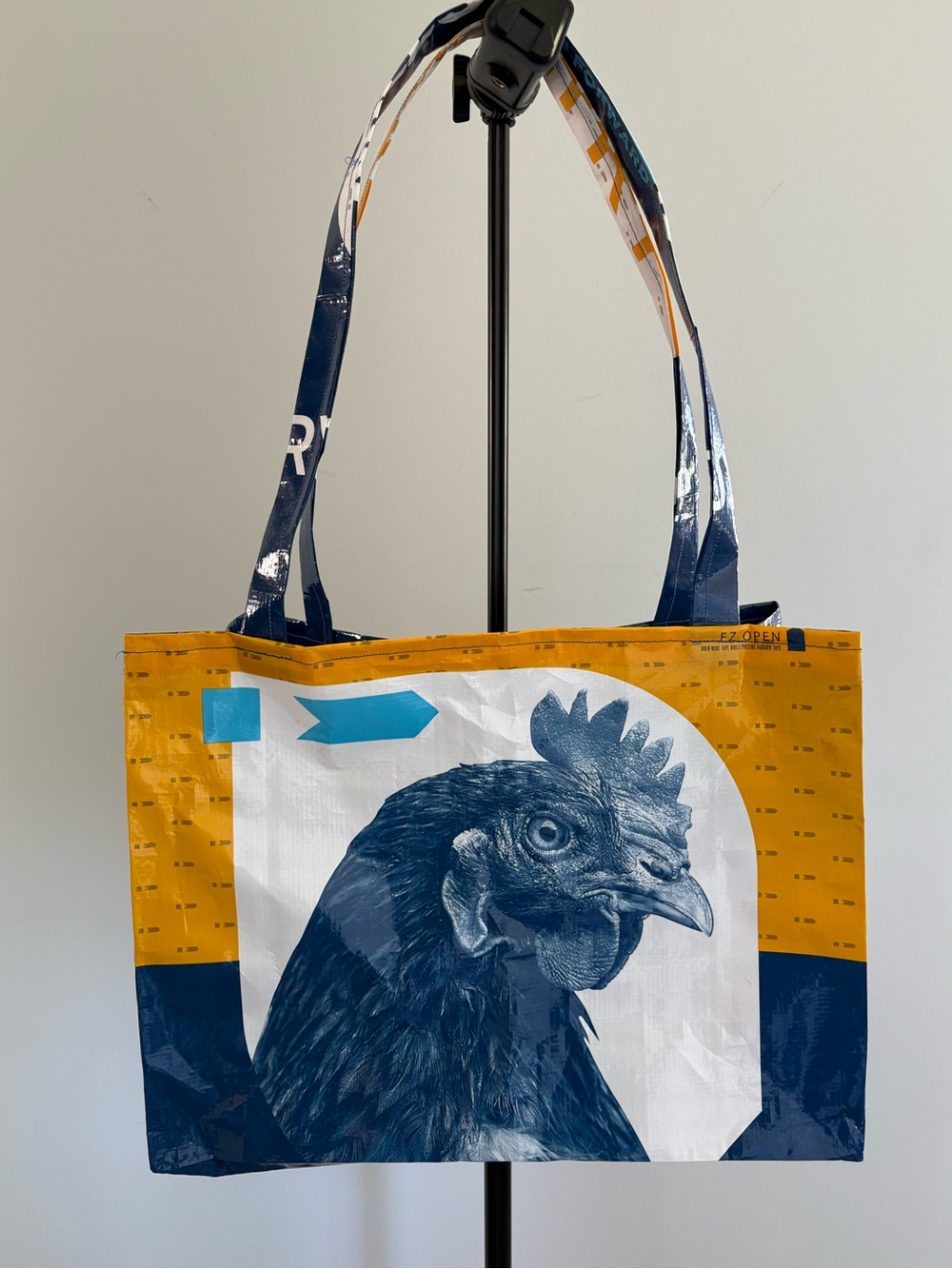 Repurposed Chicken Feed Bag Blue & Yellow Reusable Tote Bag with Hen Graphic